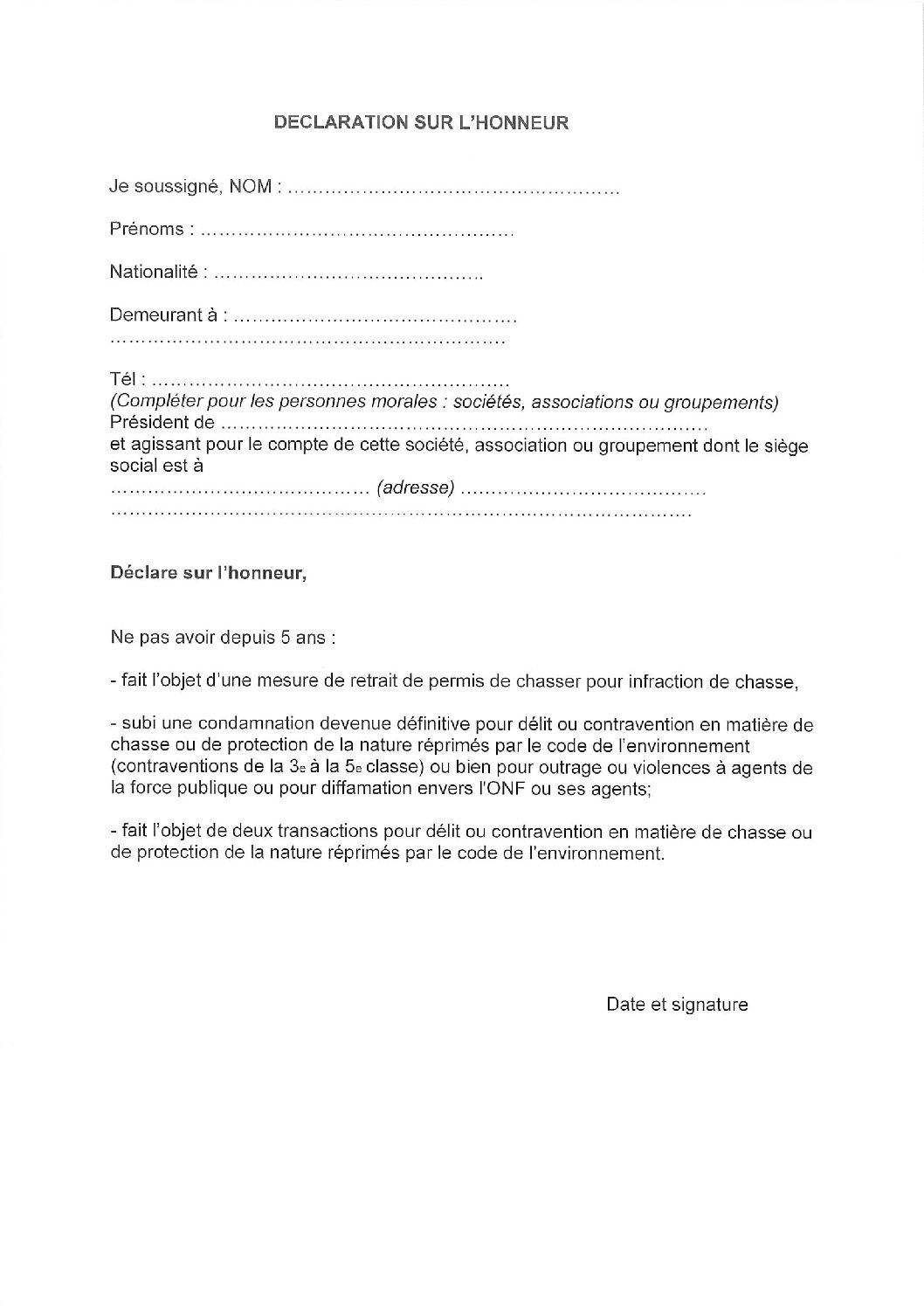 DECLARATION SUR L’HONNEUR Fédération des chasseurs de l'Aube